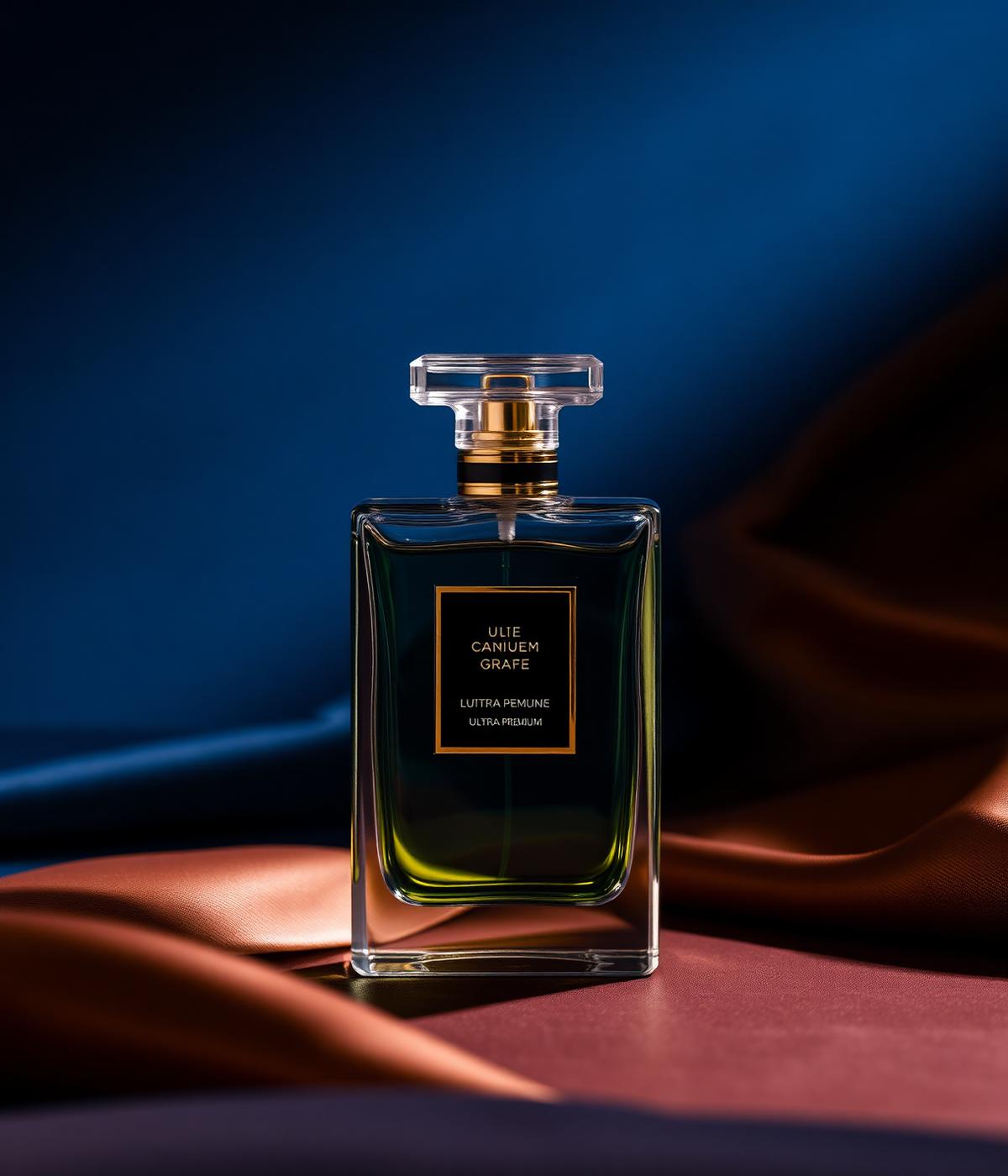 Frasco de perfume premium em ambiente sofisticado com detalhes dourados