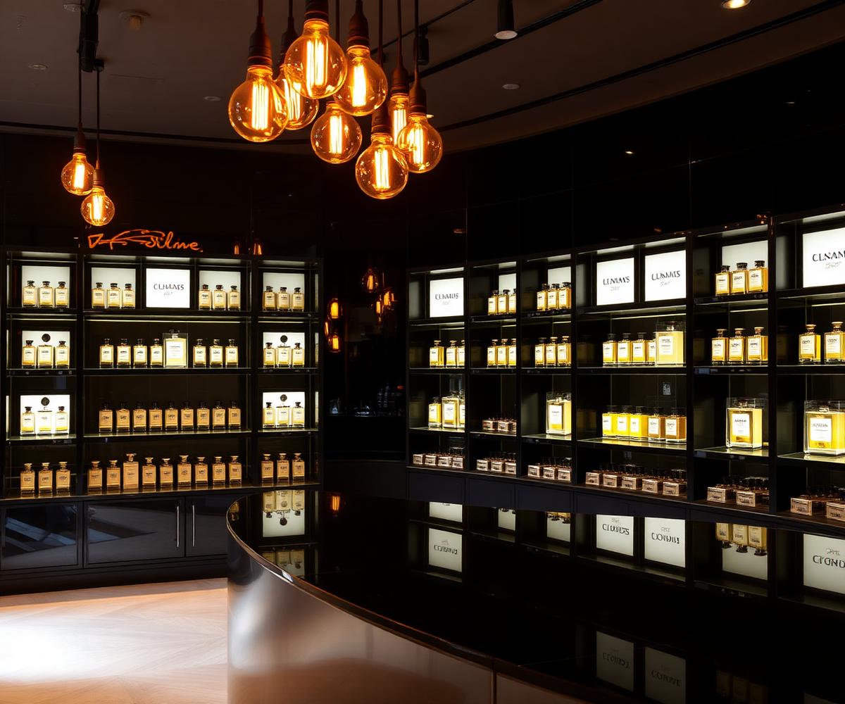 Interior da loja La Mer Perfumaria com iluminação sofisticada